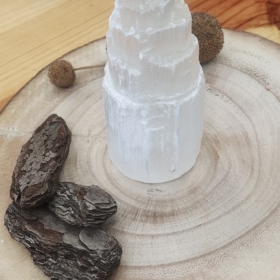 Escultura branca em forma de torre sobre base de madeira com casca de árvore e sementes à volta