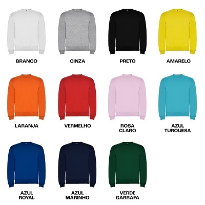 Doze sweatshirts coloridas de manga comprida, sem capuz, dispostas em três fileiras de quatro, em fundo branco.