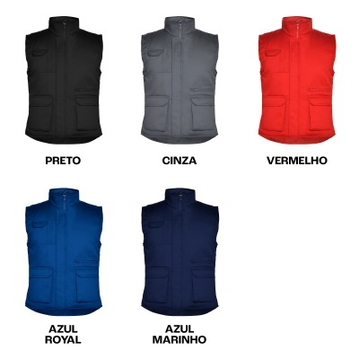 Cinco coletes coloridos com bolsos e texto indicando as cores