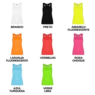 T-shirts sem mangas de várias cores com texto das cores em português