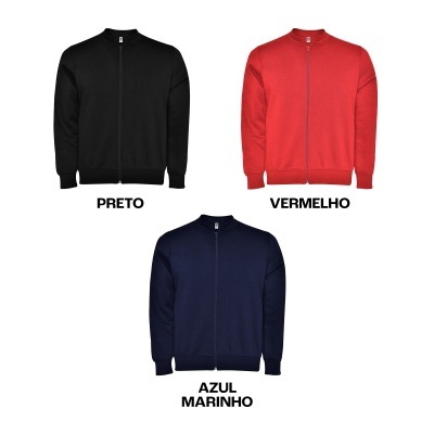 Casacos com fecho completo nas cores preto, vermelho e azul marinho