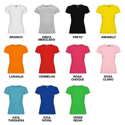 Dez t-shirts de manga curta em várias cores com nome da cor em texto abaixo.