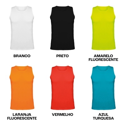 Seis camisolas regata masculinas coloridas com nomes das cores em português.