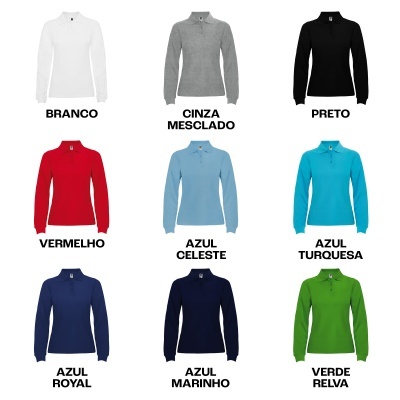 Conjunto de nove camisas de manga comprida em várias cores com nomes das cores em português.