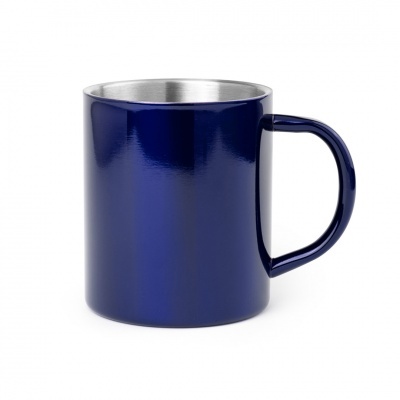 Copo caneca azul escuro com interior e borda metálica prateada