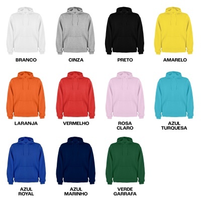 Doze sweatshirts com capuz em várias cores sólidas, sem texto ou padrões