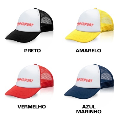 bonés em preto, amarelo, vermelho e azul marinho com frente branca e texto ADPISPORT