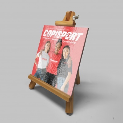 Cartaz colorido em suporte de madeira com pessoas e texto COPISPORT