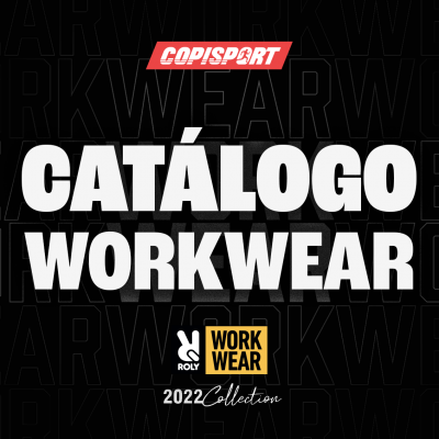 Capa do catálogo Copisport Workwear 2022 com fundo preto e texto em branco e amarelo