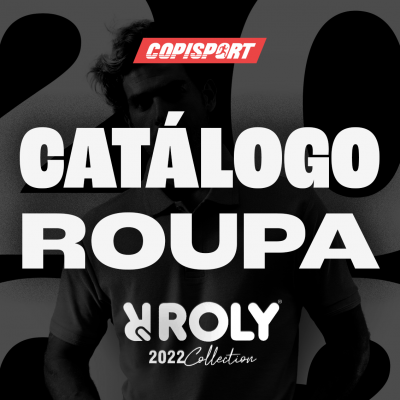 Capa de catálogo de roupa com texto grande, silhueta de homem com camisa polo e logotipos COPISPORT e ROLY.