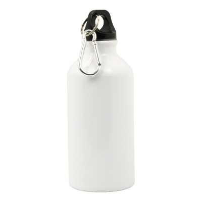 Garrafa desportiva branca com tampa preta e mosquetão