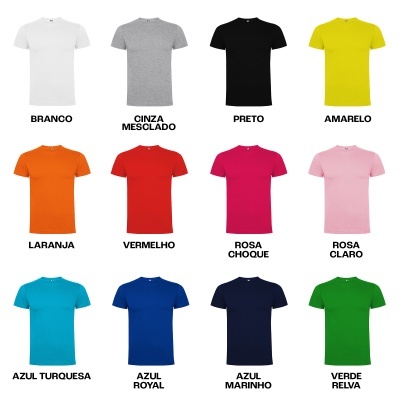 Doze t-shirts coloridas de manga curta organizadas em uma grade, com nomes das cores em português