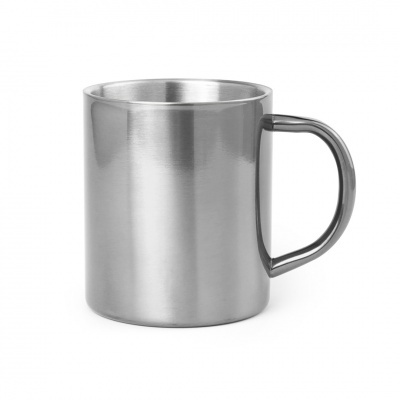 Caneca de aço inox prateada com pega