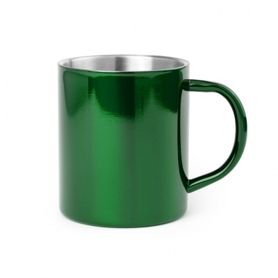 Caneca metálica verde com interior prateado e pega verde