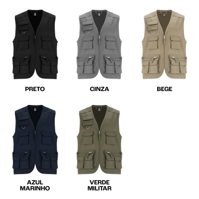 Cinco coletes utilitários em cores diferentes com bolsos frontais