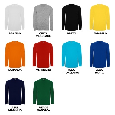Dez camisolas de manga comprida em cores diferentes com nomes das cores em português