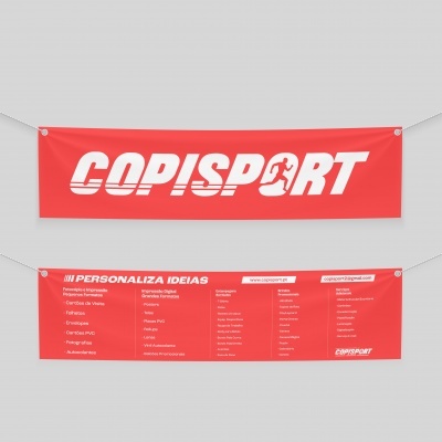 Duas faixas vermelhas com texto branco 'COPISPORT' e detalhes de personalização penduradas