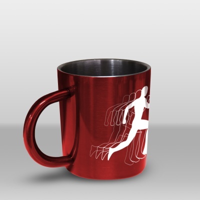 Caneca metálica vermelha com figura humana em movimento branco