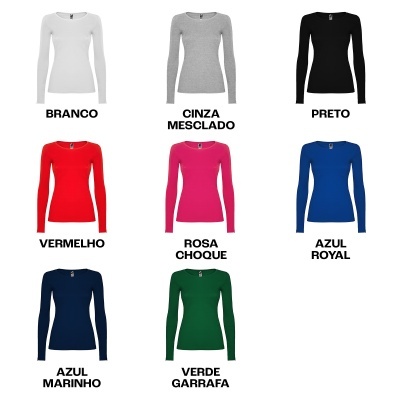 Nove t-shirts de manga comprida em várias cores com etiquetas de cor em português