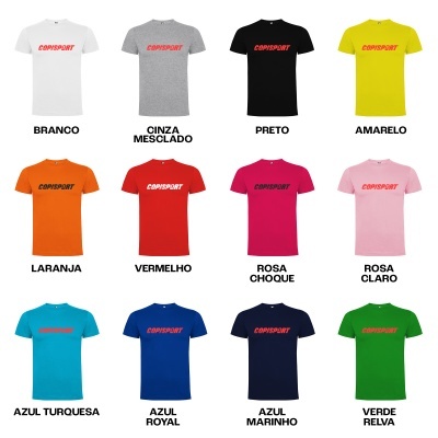 Doze t-shirts coloridas com texto COMPSPORT vermelho no peito