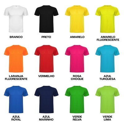 Doze t-shirts coloridas com nomes das cores em letras maiúsculas abaixo