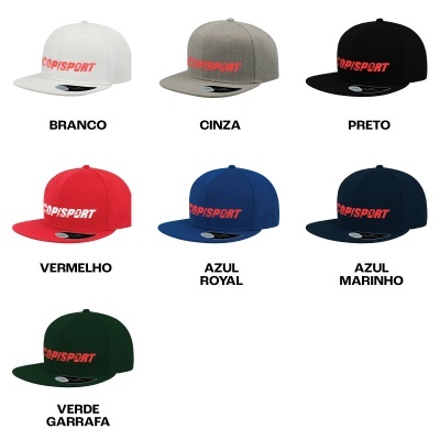 Conjunto de sete bonés de várias cores com logo COPISPORT em letras vermelhas no peito