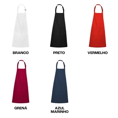 Cinco aventais de cozinha em branco, preto, vermelho, grená e azul marinho com bolsos e alças