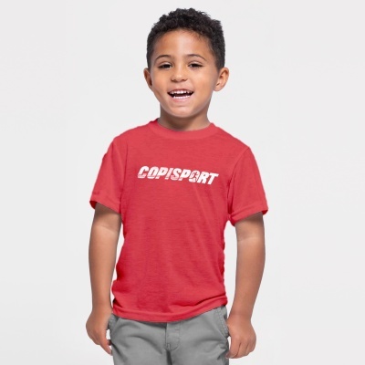 Camiseta vermelha para criança com texto COPISPORT branco na frente