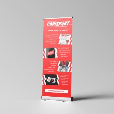 Banner de publicidade vermelho e branco com texto em português de empresa Copisport em fundo cinza