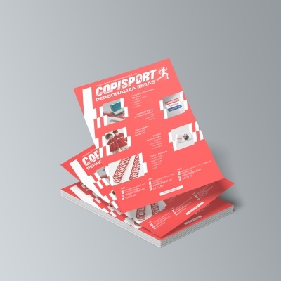 Folhetos promocionais vermelhos com título COPISPORT e imagens de produtos personalizados