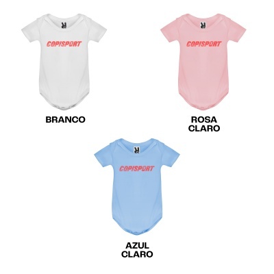 Bodies para bebé nas cores branco, rosa claro e azul claro com a palavra COPISPORT estampada.