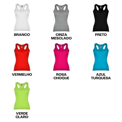 Sete camisolas de cores diferentes com texto a indicar a cor abaixo de cada uma