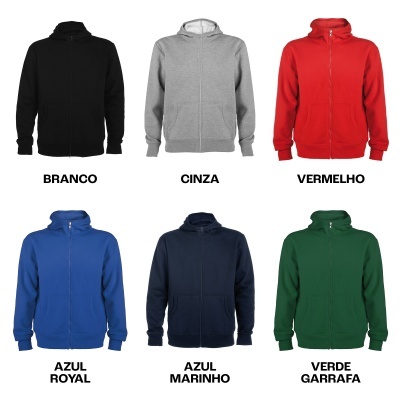 Seis casacos com capuz em várias cores com nomes das cores em português