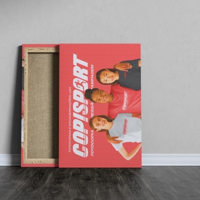 Tela emoldurada com impressão colorida de três pessoas e texto CODISPORT