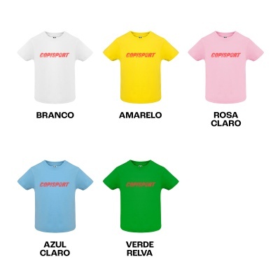Cinco t-shirts coloridas com texto COPISPORT e nomes das cores em português.