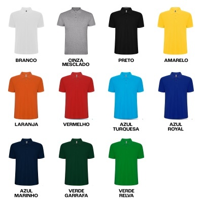 Onze polos lisos em várias cores com gola e botões, dispostos em três filas