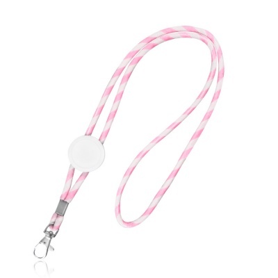 Cordão riscado cor-de-rosa e branco com fecho metálico e peça circular branca