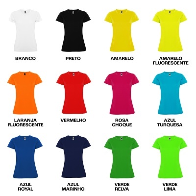 T-shirts coloridas de manga curta, 12 cores diferentes organizadas em quatro filas