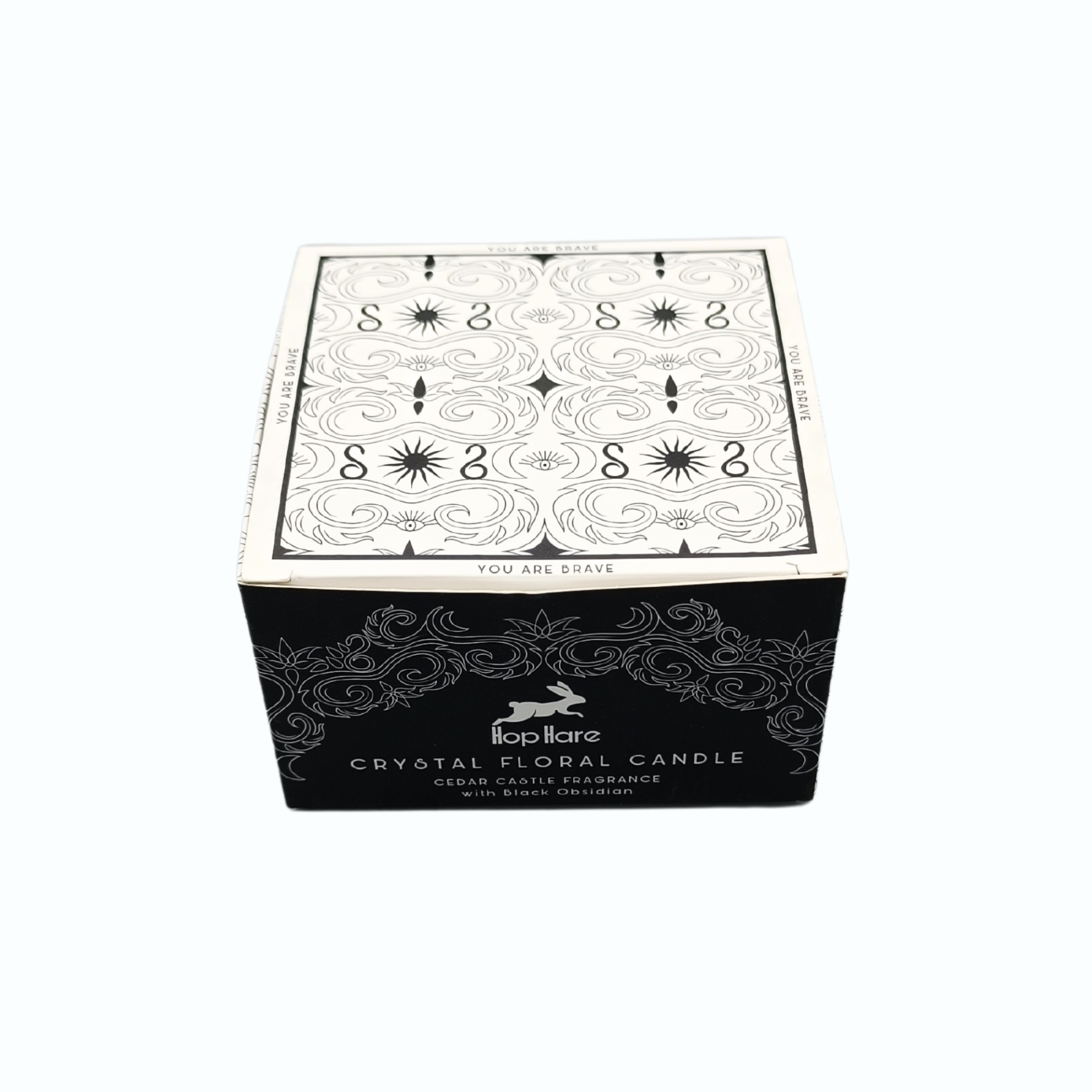 Vela Mágica Floral de Cristal Hop Hare - O Cavaleiro de Espadas Caixa preta para vela aromática Poplarz Crystal Floral Candle com desenhos brancos