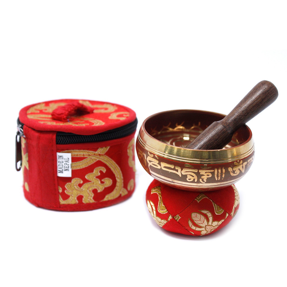 Set Mini Taças Tibetanas para presente - Vermelho sino tibetano dourado com almofada vermelha e pilão de madeira