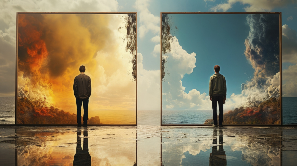 Homem de costas entre dois quadros com céus dramáticos refletidos em água