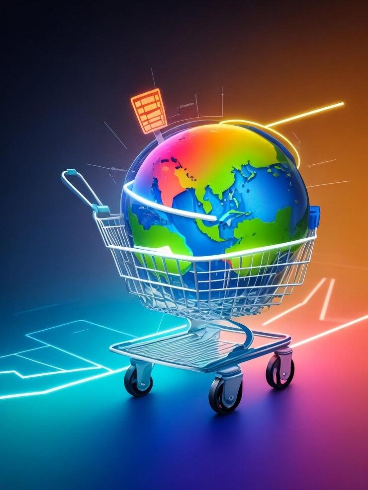 Globo terrestre colorido dentro de um carrinho de compras metálico em fundo iluminado