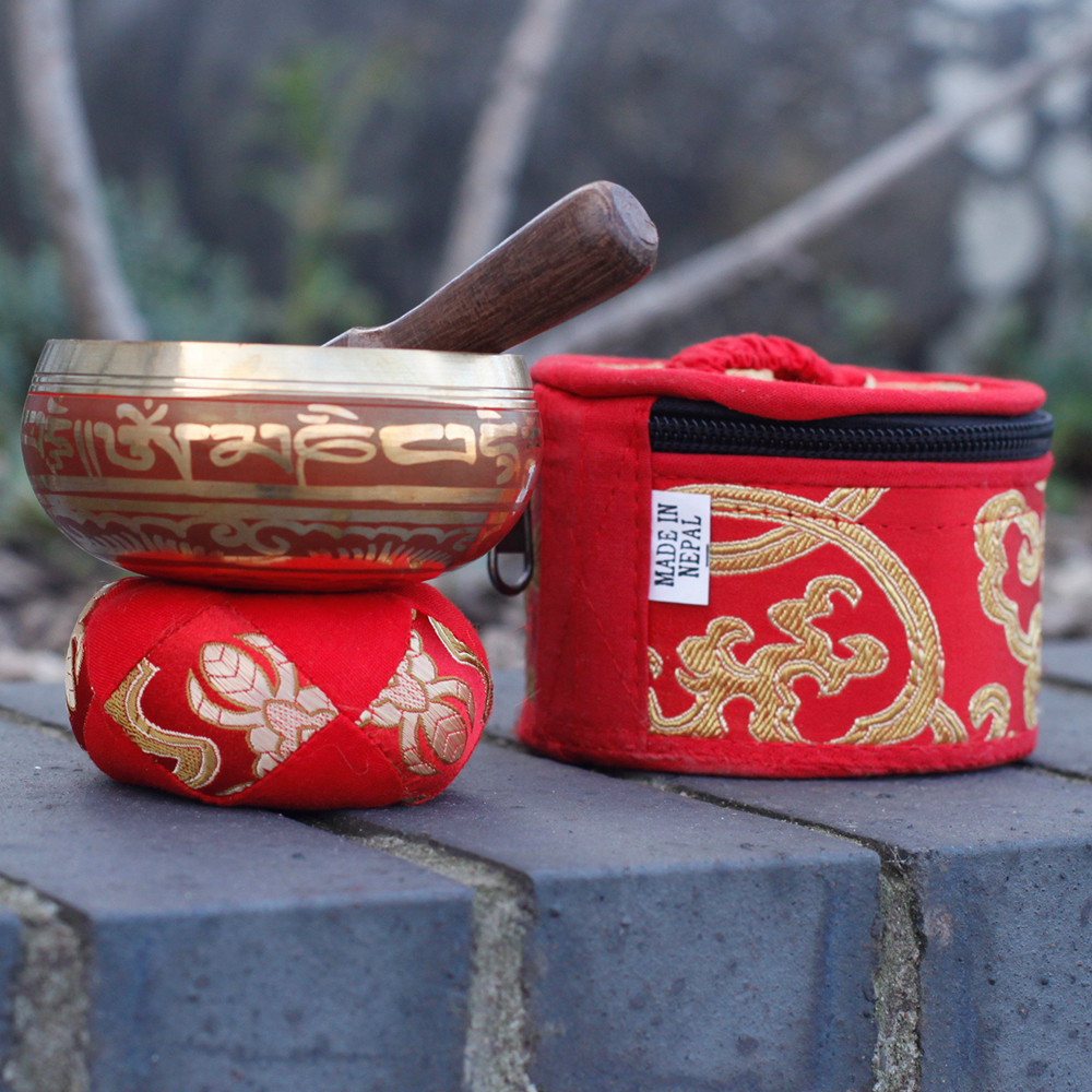 Set Mini Taças Tibetanas para presente - Vermelho Tigela de meditação tibetana com almofada e saco em fundo exterior