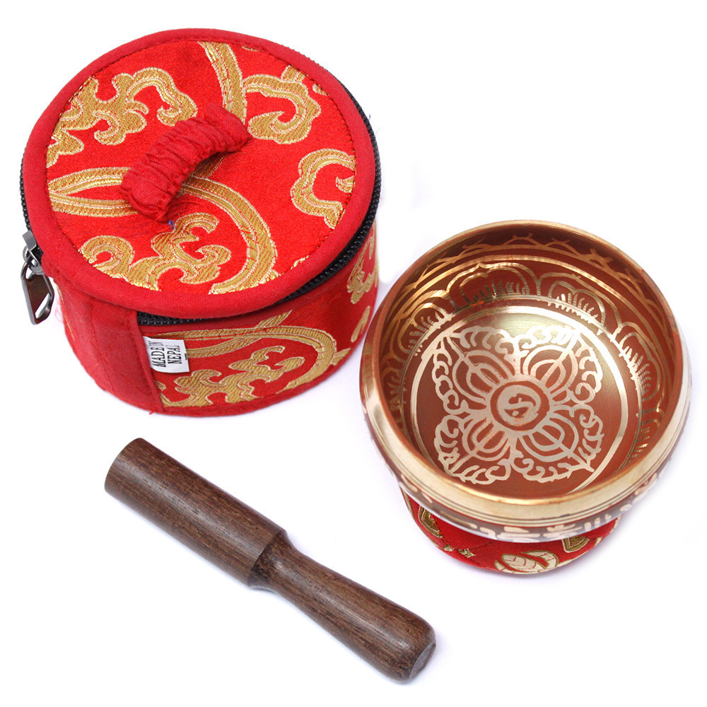 Set Mini Taças Tibetanas para presente - Vermelho Conjunto de taça tibetana dourada com almofada vermelha e martelo de madeira