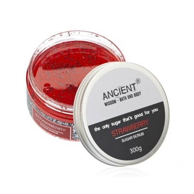 Esfoliante corporal com tampa branca e gel vermelho visível no frasco