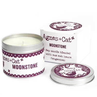 Vela Agnes+Cat MOONSTONE em lata metálica com embalagem branca