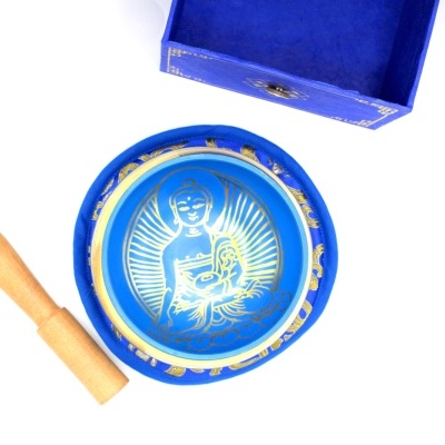 Tigela cantando azul com desenho dourado e estojo azul