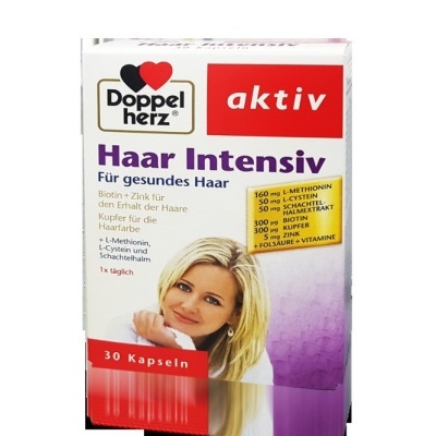 Embalagem do suplemento alimentar Doppel herz aktiv Haar Intensiv para cabelo saudável com 30 cápsulas