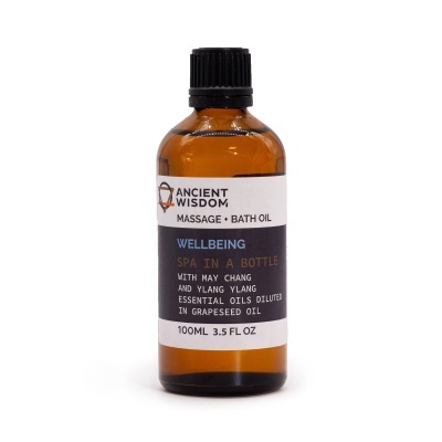 Frasco âmbar de óleo para massagem e banho ANCIENT WISDOM com rótulo em branco e preto