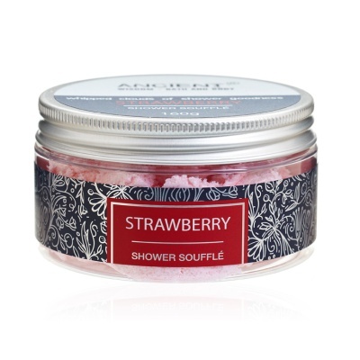 Frasco de creme de banho de morango com rótulo preto e vermelho